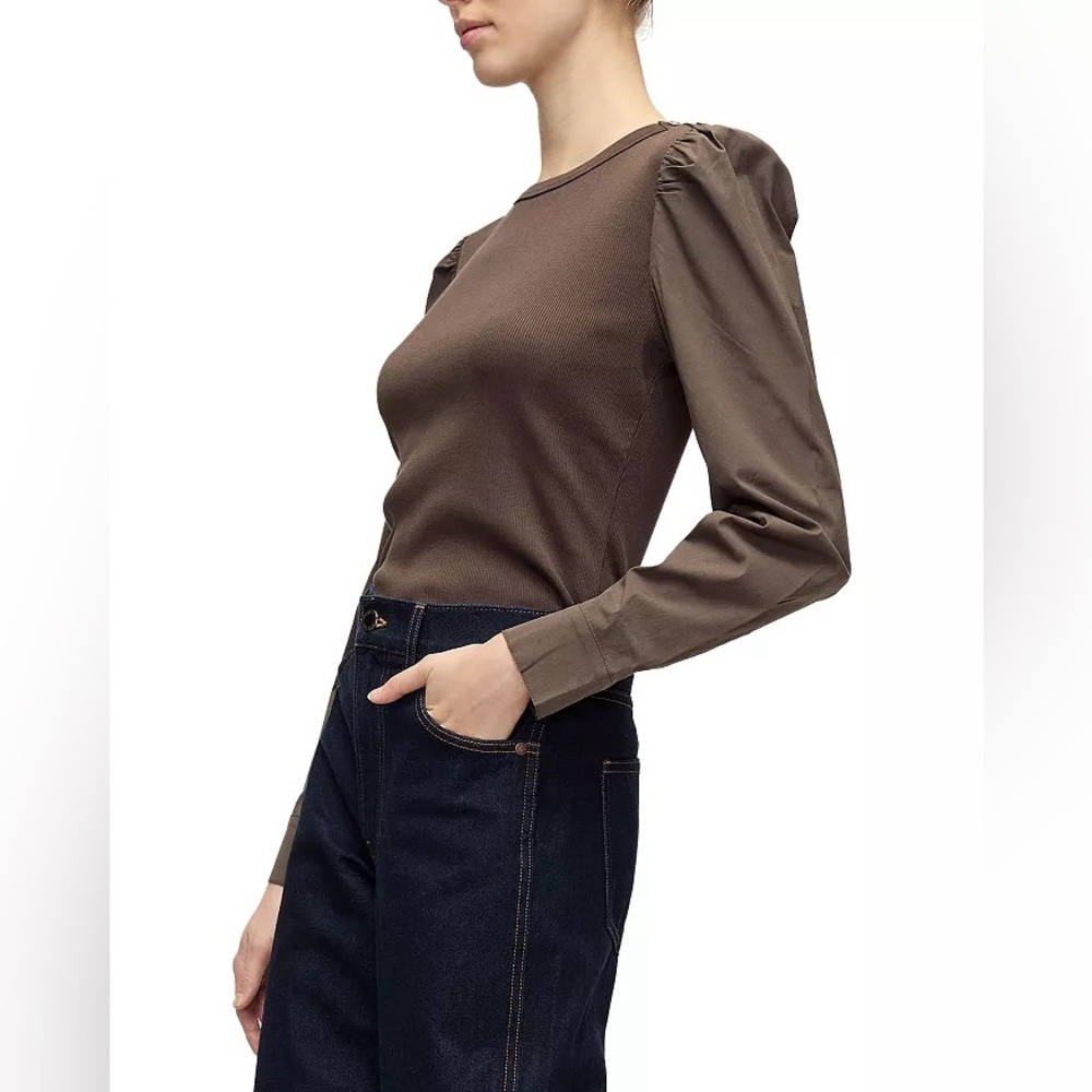 Veronica Beard Fresia Mixed Media Puff Sleeve Top Brown L
